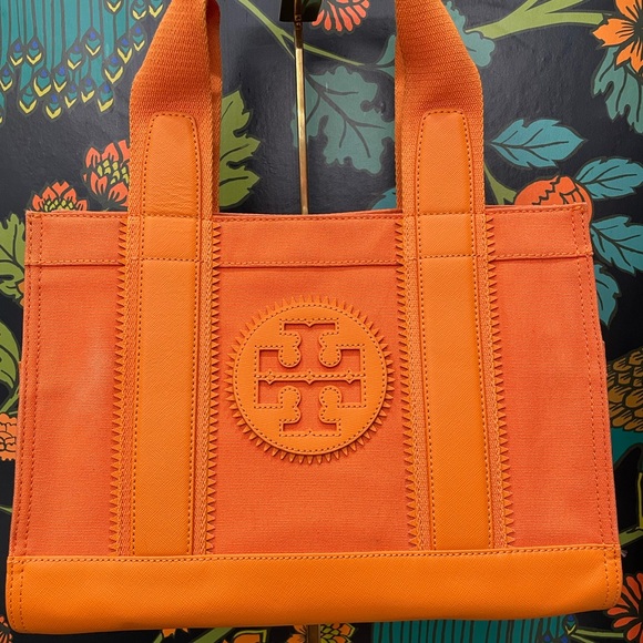 Tory Burch Orange Canvas Leather Small Ella Tote